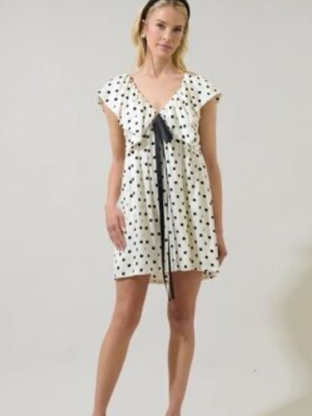 Sugarlips Cream Mini Skirt with Black Polka Dots and Black Tie